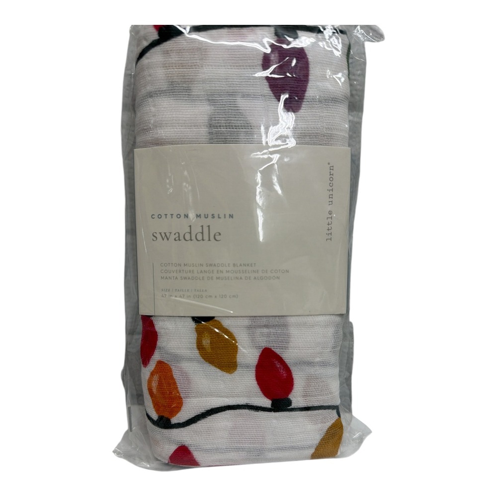 Little Unicorn Cotton Muslin Swaddle Blanket 47x47 Christmas Lights NEW
